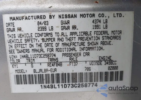 2003 Nissan Altima 3.5 Se from USA, damaged, VIN 1N4BL11D73C258774